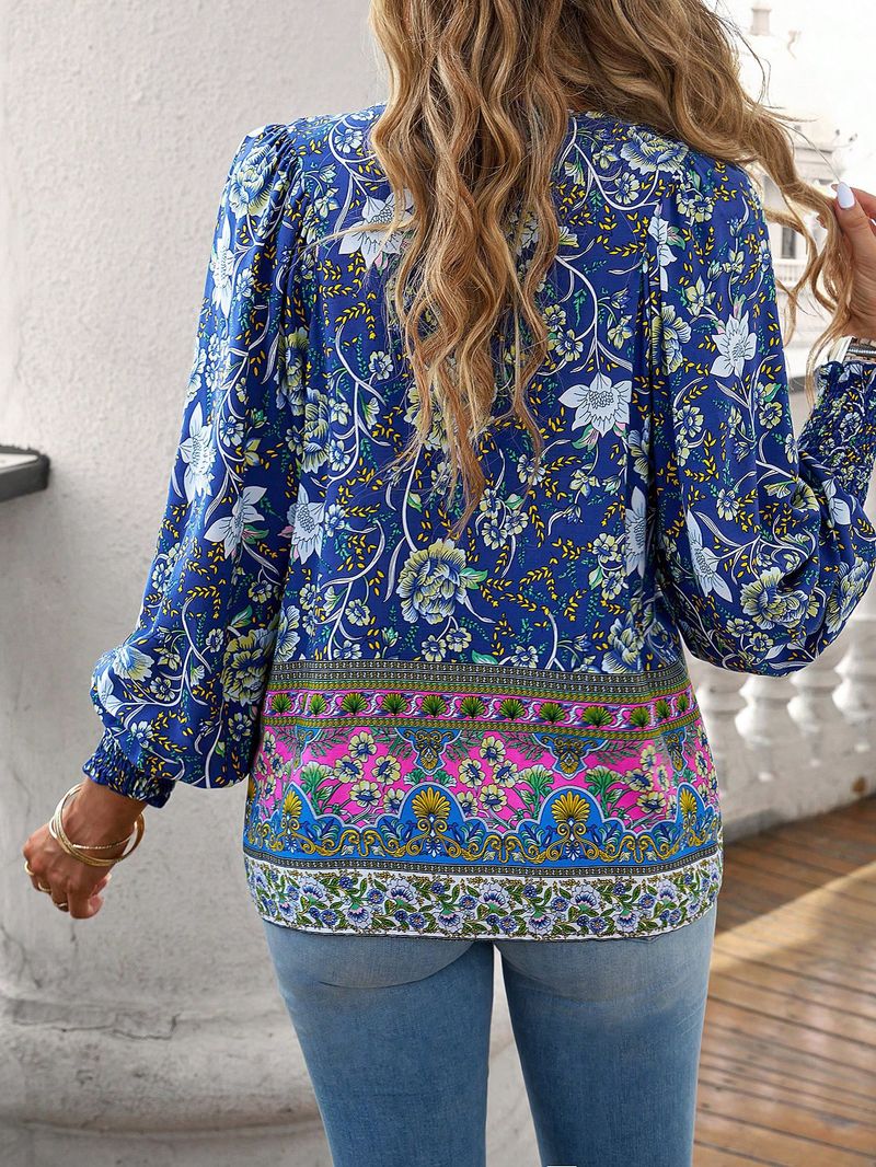 Maglietta stampata da donna, top a maniche lunghe con scollo a V e temperamento_voghion.com