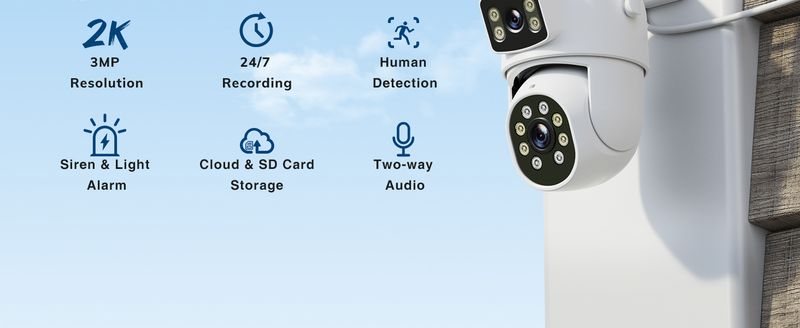 Dual Lens Security Camera Outdoor, 2.5K/6MP WiFi Outdoor Cameras for Home Security with Auto Tracking, Human Detection, 30m Color Night Vision_voghion.com
