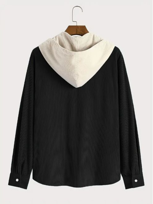 Herren-Cordhemdjacke zum Knöpfen – Kontraststreifen, Kapuze, lange Ärmel (Schwarz/Armeegrün/Meerblau, M-XXXL)_voghion.com