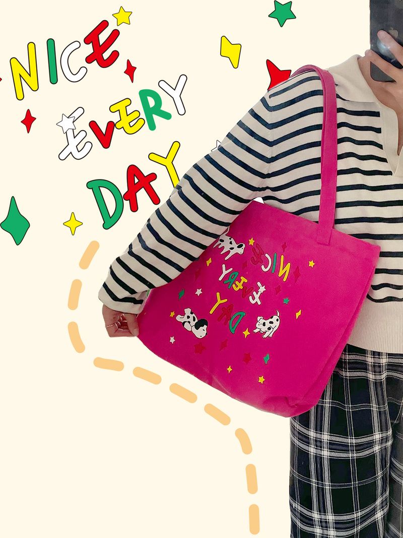 2024 New Student School Cute Illustration Large Capacity Shoulder Zipper Canvas Tote Bag Women_voghion.com