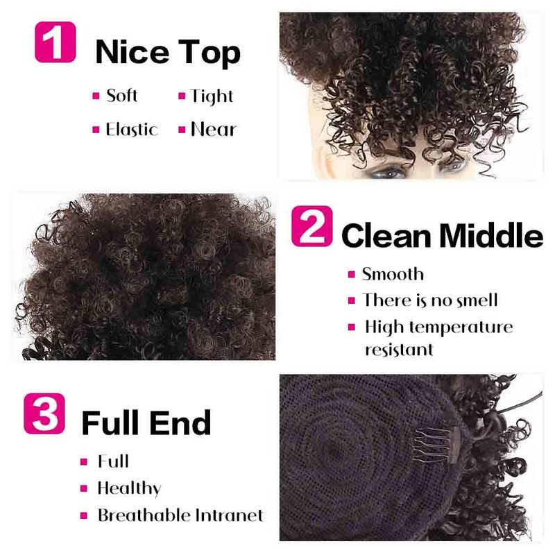Zwarte korte kinky krullende chignon met pony Synthetische haarknot Trekkoord paardenstaart Clip in Afro Puff haarstukken voor vrouwen_voghion.com