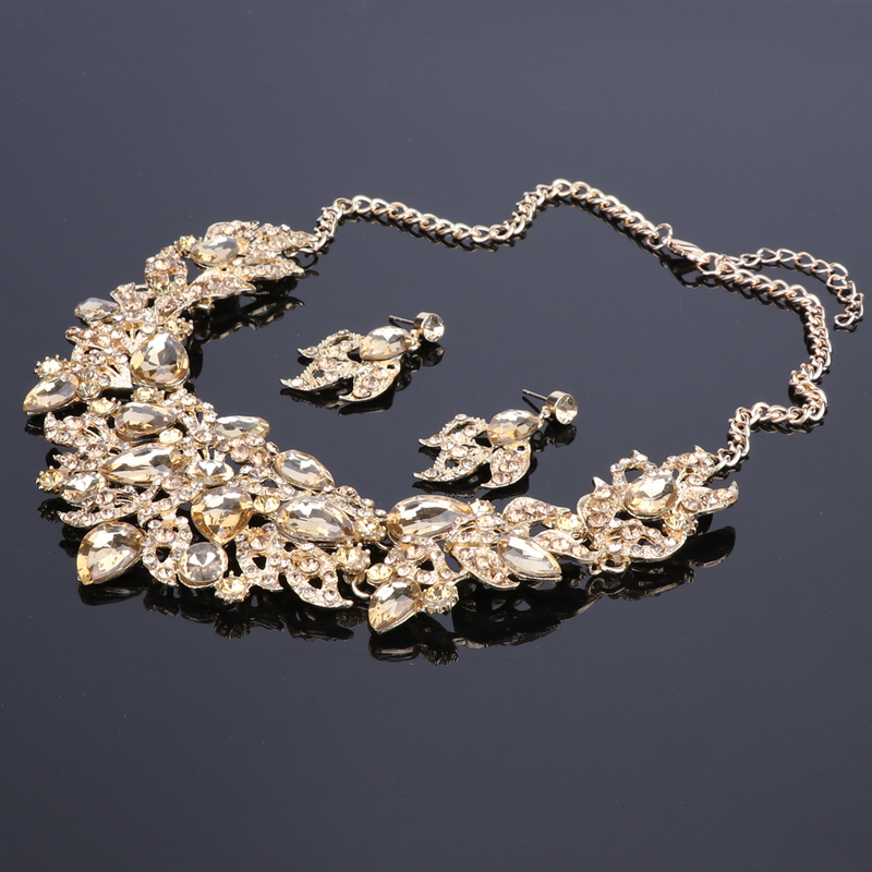 Set di bigiotteria da donna, da sposa, con strass, in cristallo, con collana di fiori e orecchini, per feste_voghion.com