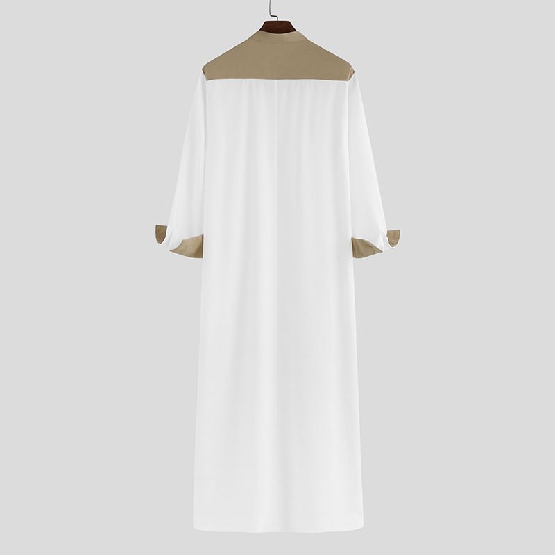 Men's Clothing Men's Loose Stitching Color Matching Stand Up Collar Long Sleeved Robe_voghion.com