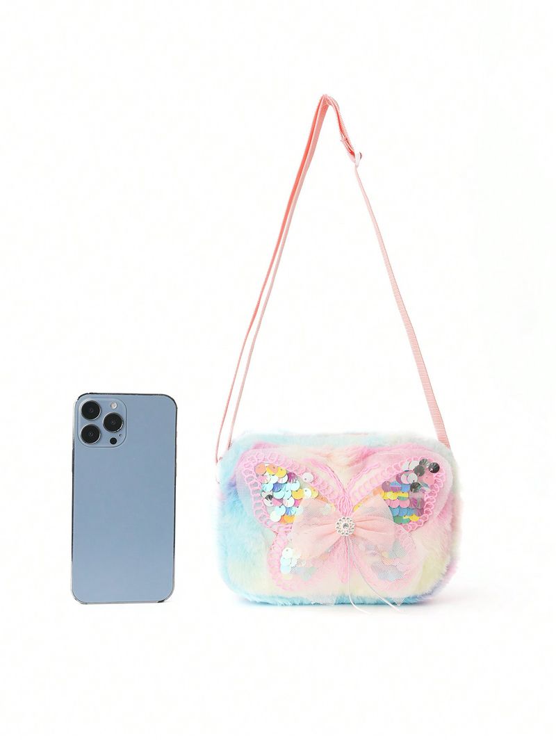 Girls Pink Butterfly Cartoon Print Messenger Bag Kawaii Colorful Plush Outing Small Square Bag Furry_voghion.com