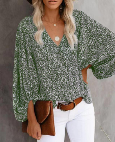 2025 neue Frühling Sommer Herbst V-Ausschnitt Casual Shirt gedruckt Laterne Ärmel Top Damenbekleidung_voghion.com