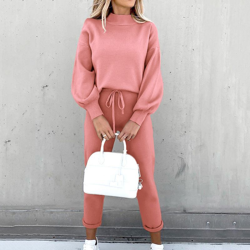 2022 automne/hiver femmes pull FD89940125 col haut décontracté solide pantalon deux pièces ensemble_voghion.com