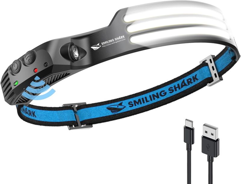 Faro LED Smiling Shark, faro anteriore luminoso con ampio angolo di 230°, 3 strisce bianche, sensore di movimento ricaricabile e impermeabile_voghion.com