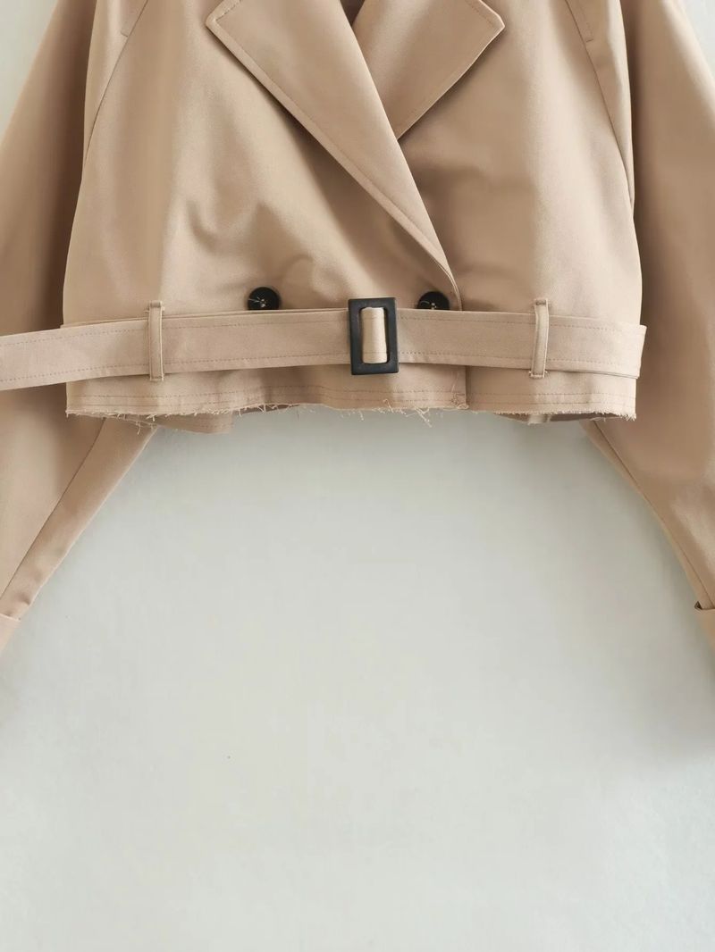 Trench corto a maniche lunghe in stile britannico con scollo a V a due bottoni in pizzo antivento, versatile alla moda_voghion.com