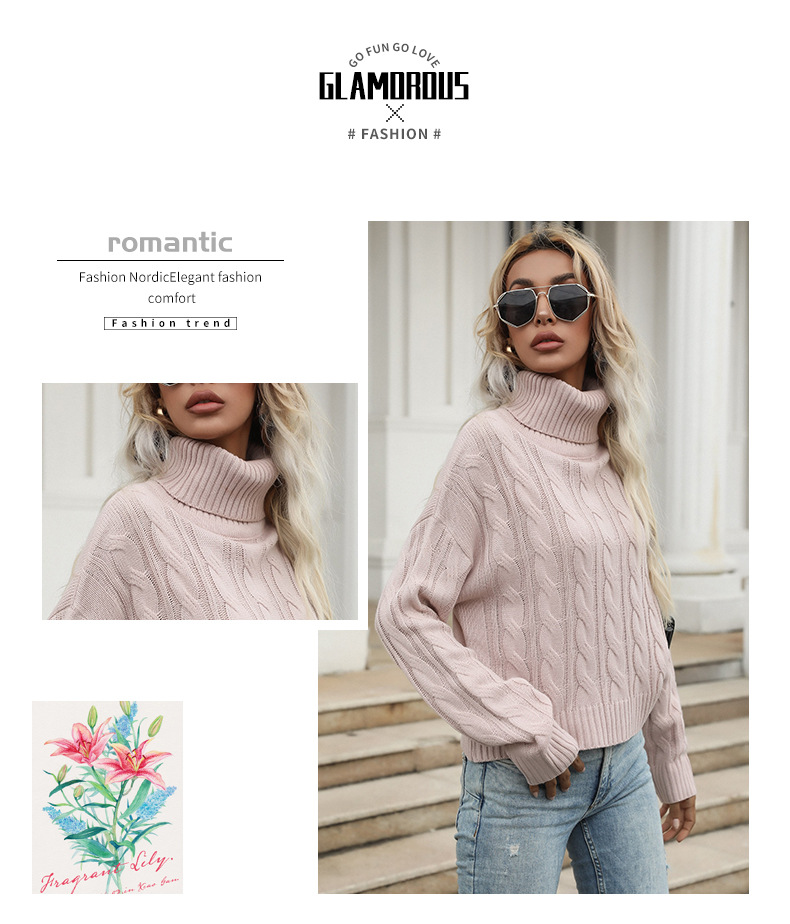 Autumn Valentine's Day Women's Solid Color Braided Long Sleeve High Neck Base Sweater_voghion.com