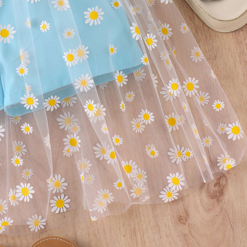 Summer medium-sized childre's fresh suspeder wrap jumpsuit with mesh prit small daisy skirt hem for girls ad_voghion.com