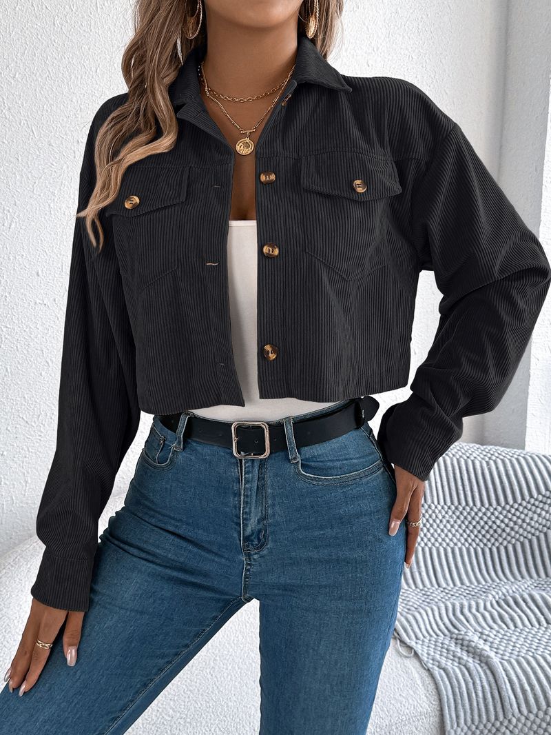 2025 Autumn Winter Casual Pocket Long Sleeve Corduroy Short Jacket Coat Women's Fashion_voghion.com