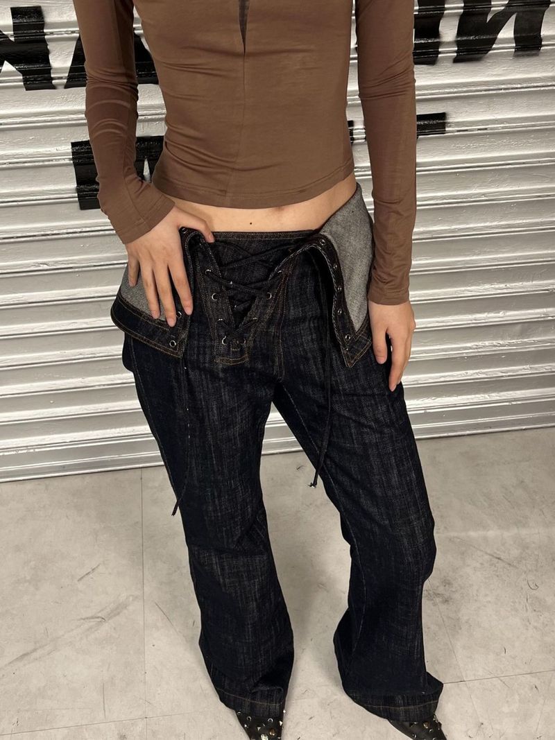 Women's Clothing Retro Street Hot Girl Flared Pants With Straps Two Piece Washed Jeans Slim Trousers_voghion.com
