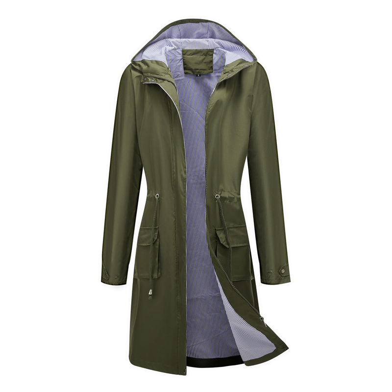 Trench casual da donna K Long con cappuccio, impermeabile, tinta unita con fodera a righe, cappotto dritto._voghion.com
