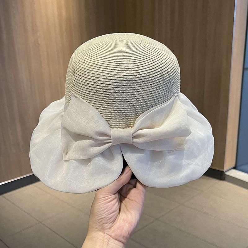 Cappello da sole estivo da donna in paglia con giunture, pieghevole, con protezione solare, protezione UV, con fiocco_voghion.com