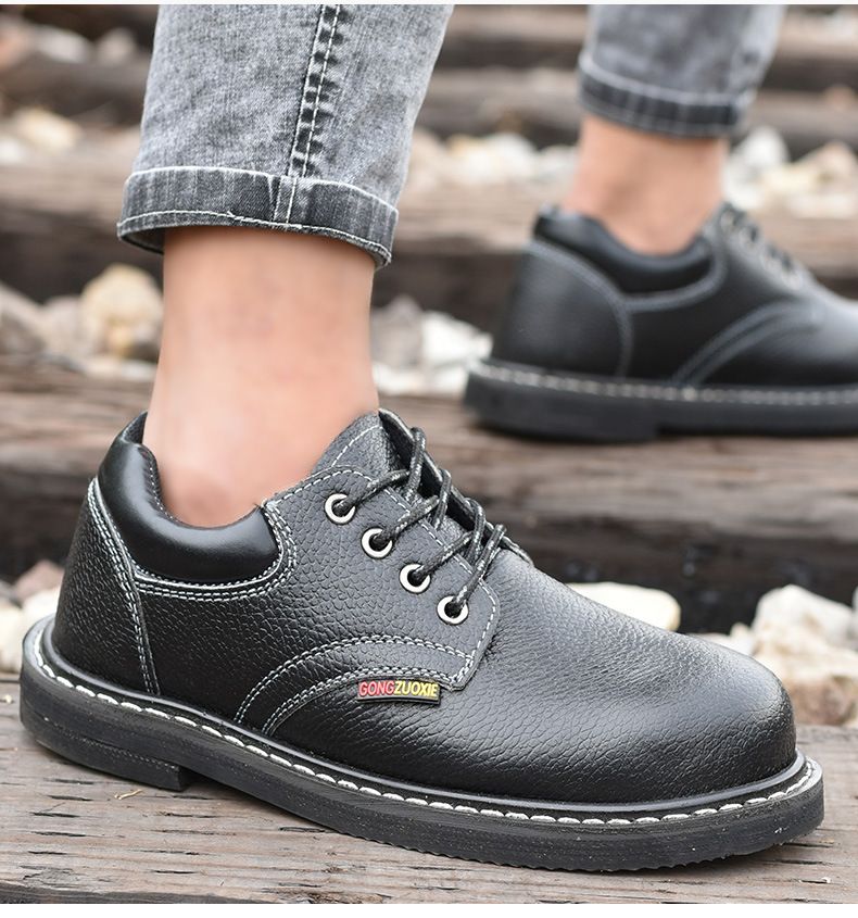 Cowhide labor shoes men's anti-smash and anti-puncture non-slip wear-resistant steel toe cap lightweight tire outsole safety shoes protective shoes_voghion.com