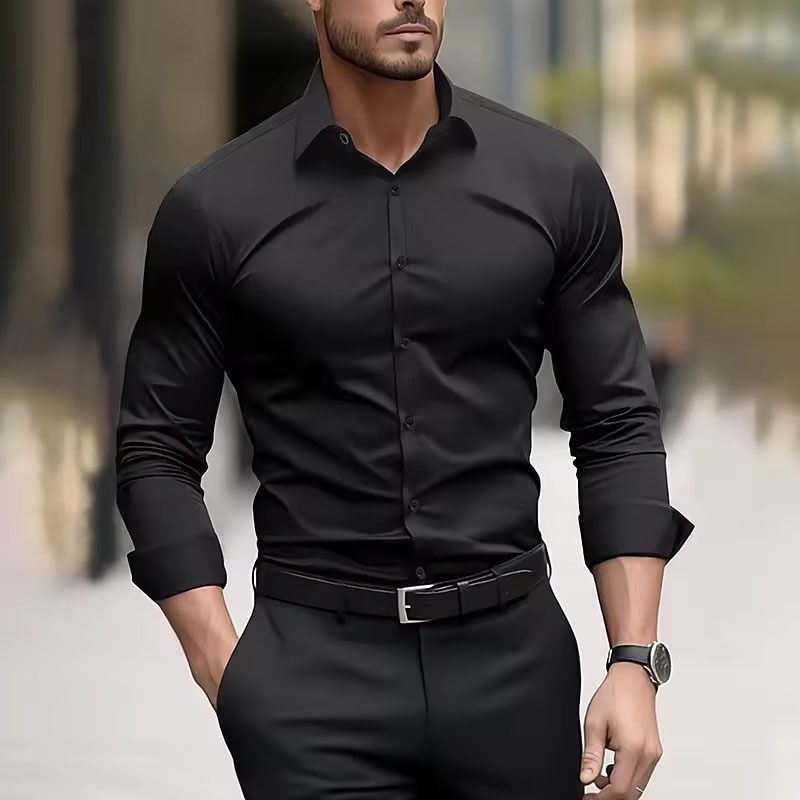 Camicia da uomo elasticizzata semitrasparente – Camicia casual da lavoro in poliestere elasticizzato a 4 vie con comfort traspirante per l'ufficio e la sera_voghion.com