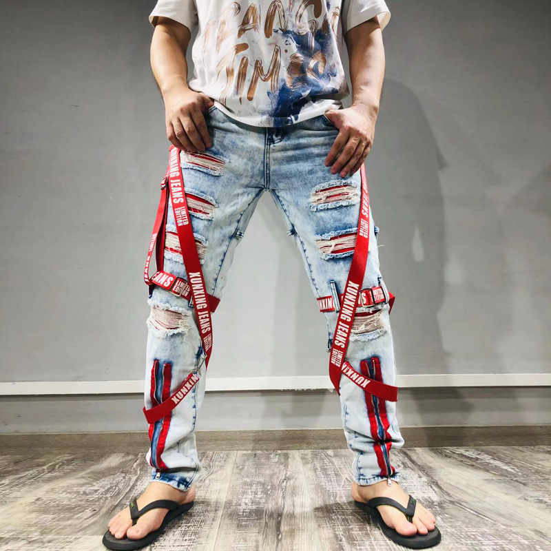 Jean avec ruban en tissu autocollant, avec pieds cassés, fermeture éclair, vêtements Slim pour hommes, à la mode, 2021_voghion.com