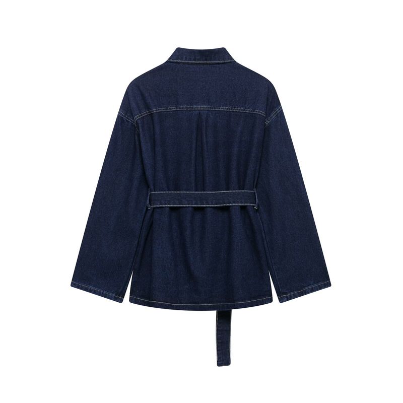 Women's Clothing Denim Suit Set - Spring Retro Belted Waist Blazer & Pants, Office Chic With Tied Detail_voghion.com