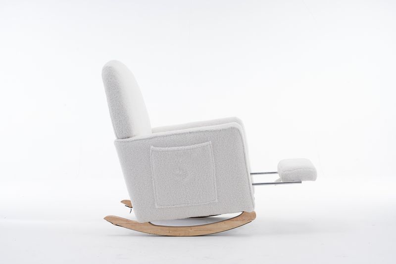 Fauteuil à bascule 044 avec pouf, fauteuil inclinable d'intérieur à dossier haut en tissu Teddy blanc pour salon_voghion.com