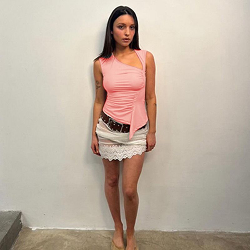 Q24TP352 Women's Summer New Item Solid Color Sleeveless Irregular Sexy Pleated T-shirt Top_voghion.com