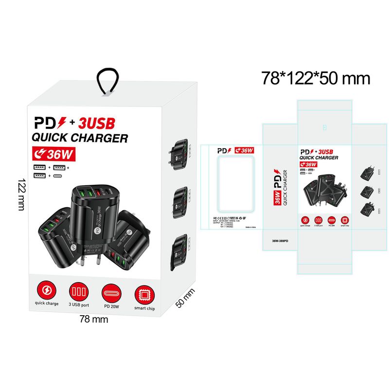 Music Festival 36W PD+QC3.0 2.4A dual fast mobile phone charger with multi port USB and PD head for travel charging_voghion.com
