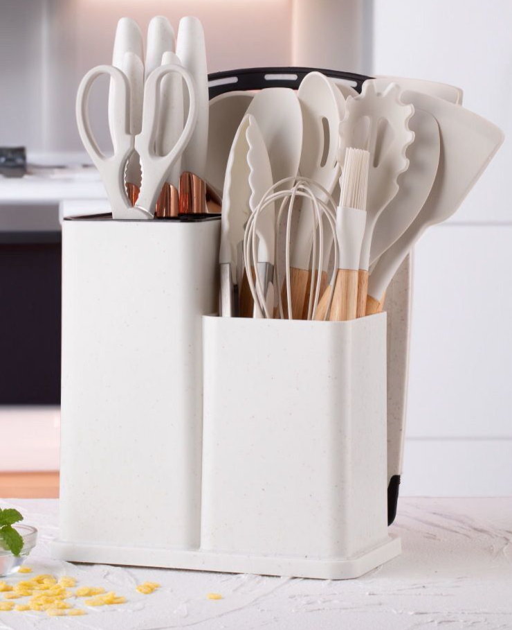 Silikon-Küchengeschirr-Set, 19-teilig, Küchenutensilien, hitzebeständig, Aufbewahrung, Antihaftbeschichtung, Kochmesser_voghion.com