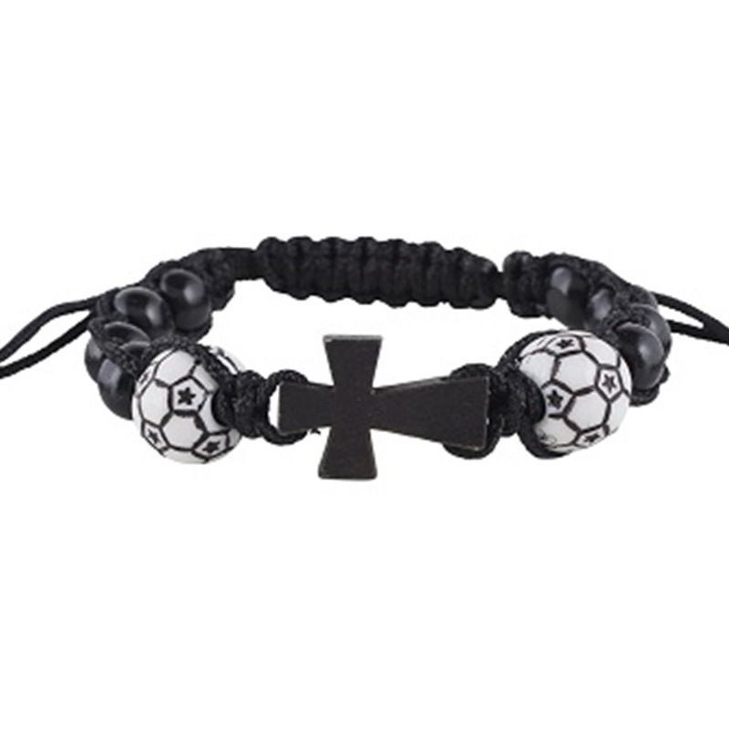 Men's Football Bracelet - Handwoven Black Wooden Cross Pendant (Sports Style, Adjustable)_voghion.com
