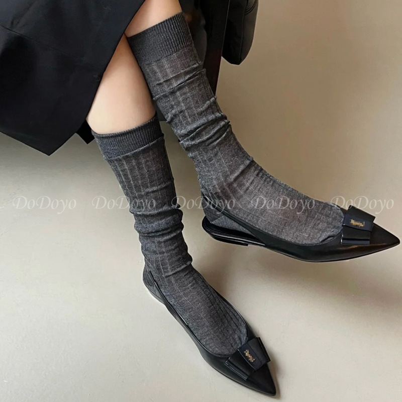 Grau für Damen, Sommer, ultradünn, Wadenlänge, vertikale Streifen, Runway-Stil, gestrickt, lang, JK, lässige Baumwollsocken_voghion.com
