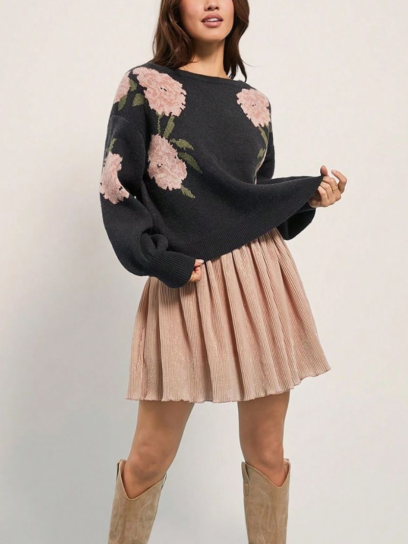 Pull jacquard fleuri pour femme, col ras du cou surdimensionné, tricot doux en mélange acrylique, tunique décontractée ample à manches longues_voghion.com