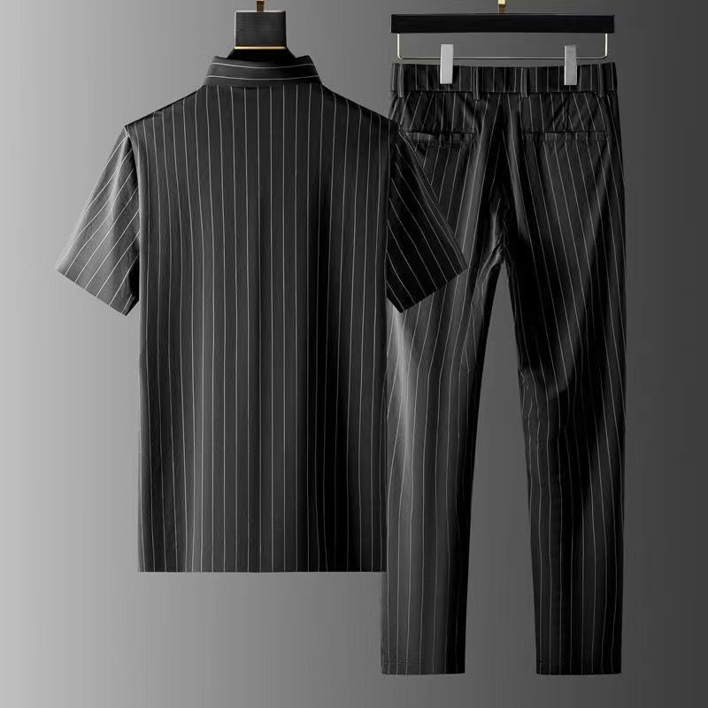 Men's Clothing High End Business Casual Suit Men's Summer Ice Silk Short Sleeved Thin Striped Two Piece Suit Men_voghion.com