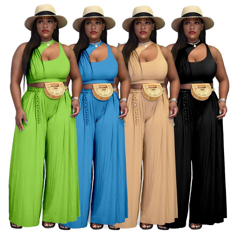plus size women's sexy vest wide leg two-piece set solid color casual suit_voghion.com