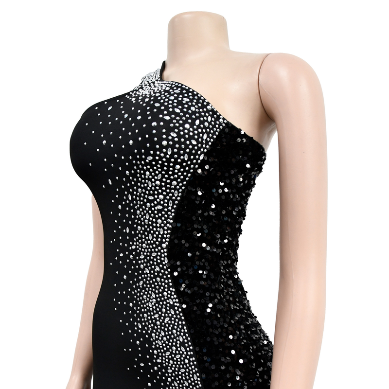 Damenbekleidung Einfarbig Hot Diamond Pailletten Ärmelloses Kleid mit langem Rock_voghion.com
