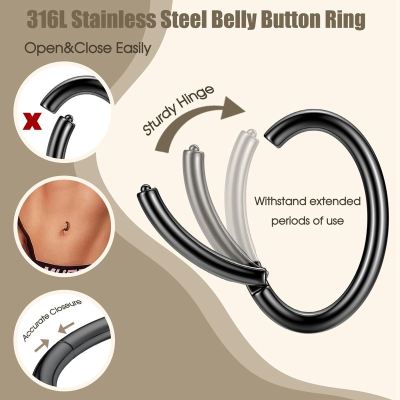 Piercing per ombelico in acciaio inossidabile 14G con clicker per donna, piercing per ombelico, setto nasale rotondo, 6-14 mm_voghion.com