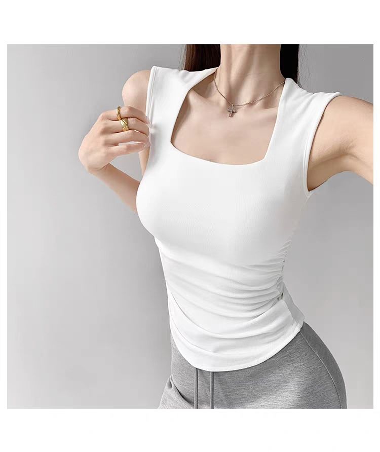 Abbigliamento da donna, nuovo gilet senza maniche, schiena sottile, spalle sottilissime, vestibilità attillata, scollo squadrato, versatile, con imbottitura per il petto, per donna_voghion.com