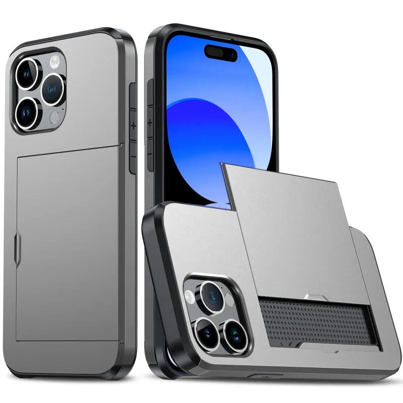 Case For Iphone 16E 16 15 Max 14 Pro 13 12 11 Wallet Card Holder Slide Slot Slim Hard PC Heavy Duty Protective Cover_voghion.com
