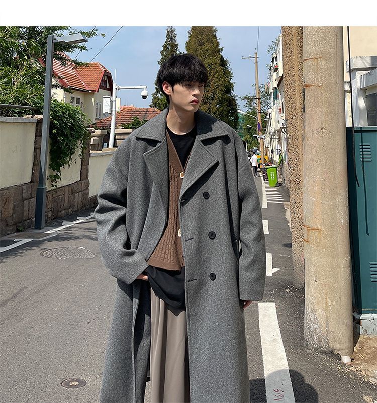 Men's Long Wool Coat – Korean Style Oversized Trench Coat With Notched Lapel & Side Pockets, Winter Warm Overcoat_voghion.com