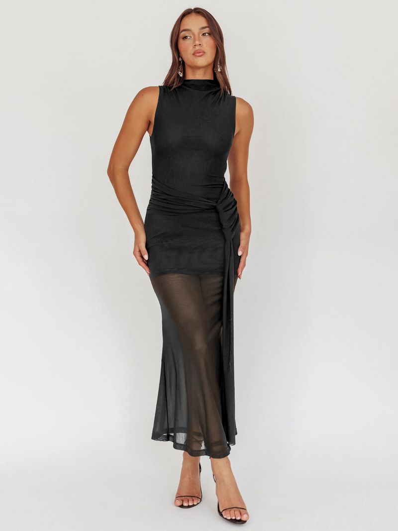 Women's Elegant Mesh Panel Dress With Waist Tie & Ruffle Details – Sexy Bodycon Silhouette For Evening Gala Cocktail Parties (S-XXL,)_voghion.com