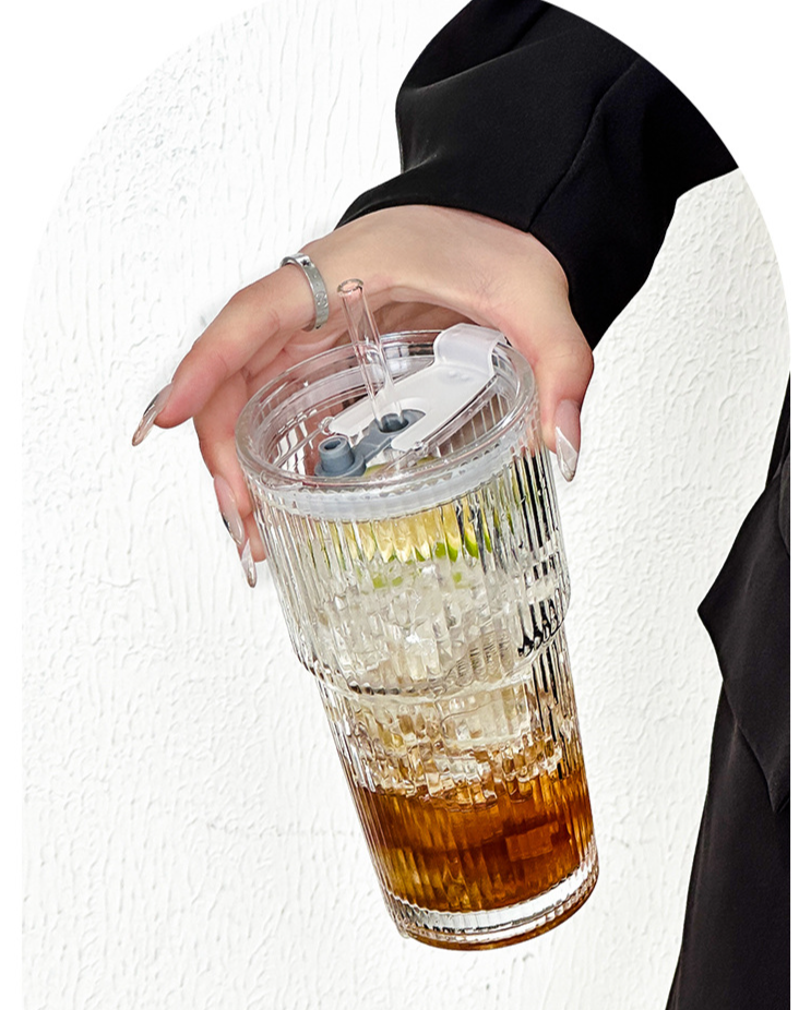 Tazza per acqua in vetro a righe verticali con coperchio e cannuccia, grande capacità, per bevande fredde di alta qualità e succo di caffè_voghion.com