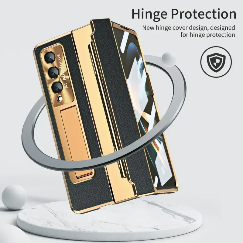 Plating Gloss Leathe Phone Case Fo Samsung Galaxy Z Fold 7 6 5 4 3 Hinge Desktop Kickstand Anti-Dop Potect Back_voghion.com