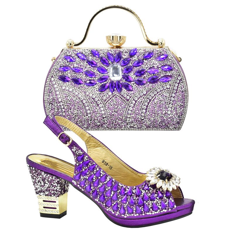 Set di borse e scarpe da donna abbinate a sandali con tacco alto e punta aperta, con glitter e strass, per serate e feste_voghion.com