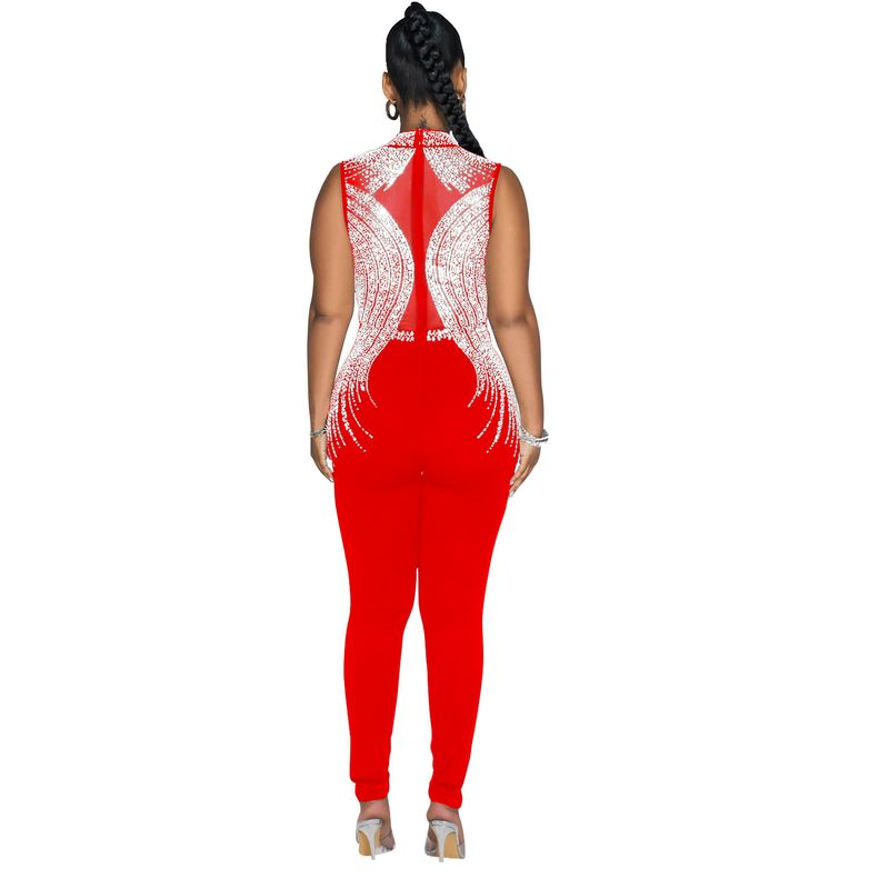 Vêtements pour femmes mode femmes couleur unie maille presse perceuse sans manches pantalon combinaison_voghion.com