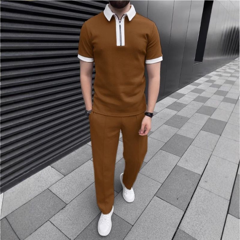 Men's Clothing Summer Polo Shirt Zipper Casual Short Sleeve Shorts Suit_voghion.com