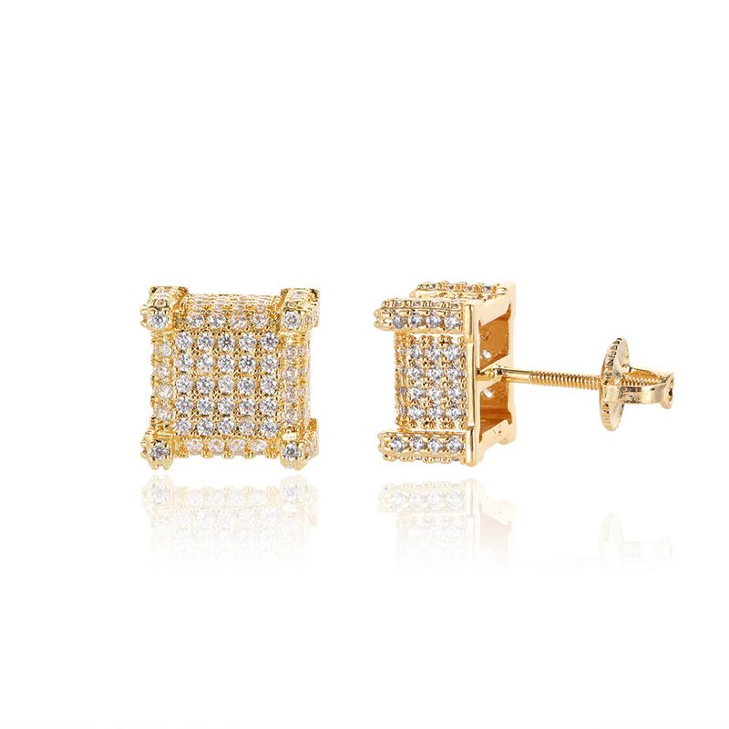 Orecchini a bottone Hip Hop con zirconi quadrati e chiusura a vite per uomo e donna - Design geometrico minimalista - Opzioni in oro e oro bianco_voghion.com