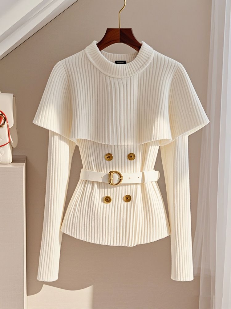 Women's Clothing White Knitted Top Temperament Lady High End Cloak Shawl Waist Soft Waxy Sweater Early Autumn_voghion.com