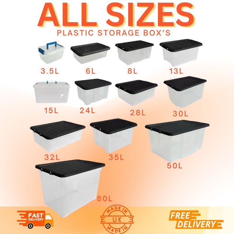 Clear Plastic Storage Boxes With Lids Box Home Office Kitchen Stackable UK Made_voghion.com