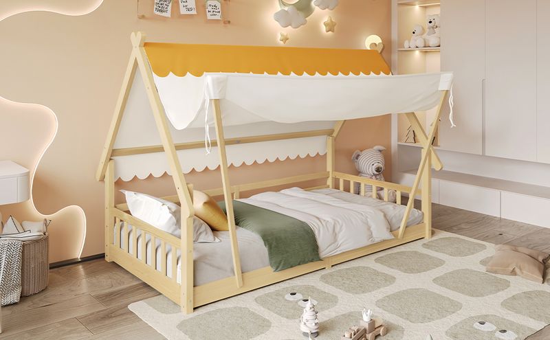 Holzbett 90x190cm Dans Zeltdesign, Abnehmbares Zelt, Kiefer, Natur_voghion.com