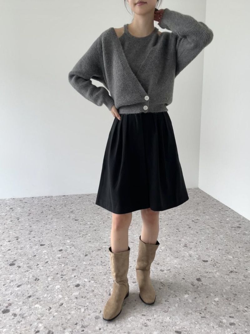 Lazy Knit Cardigan Set Damen Zweiteiliger V-Ausschnitt Langarm Pullover mit offener Vorderseite und Trägerweste_voghion.com