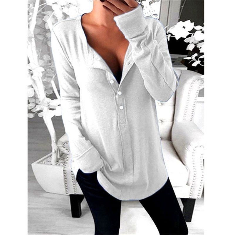 T-shirt moda donna a maniche lunghe con scollo a V e bottoni in tinta unita_voghion.com