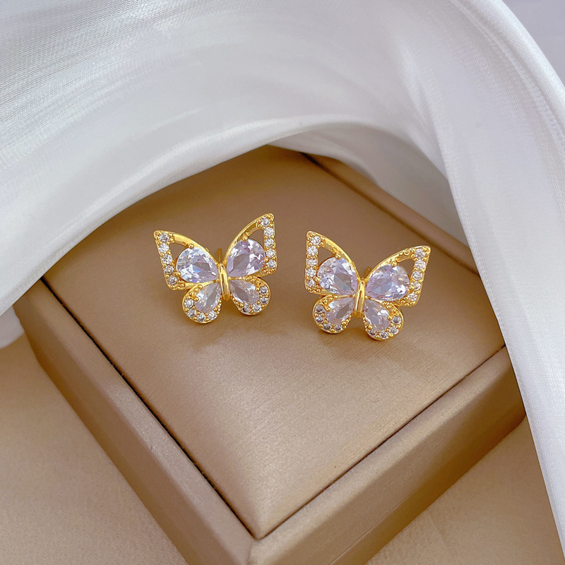 Edelstahl-Schmuckset mit Ohrringen, Anhänger und Halskette für Damen, schicke Mode, Strass, weiß, klar, Schmetterlings-Schmuckset_voghion.com