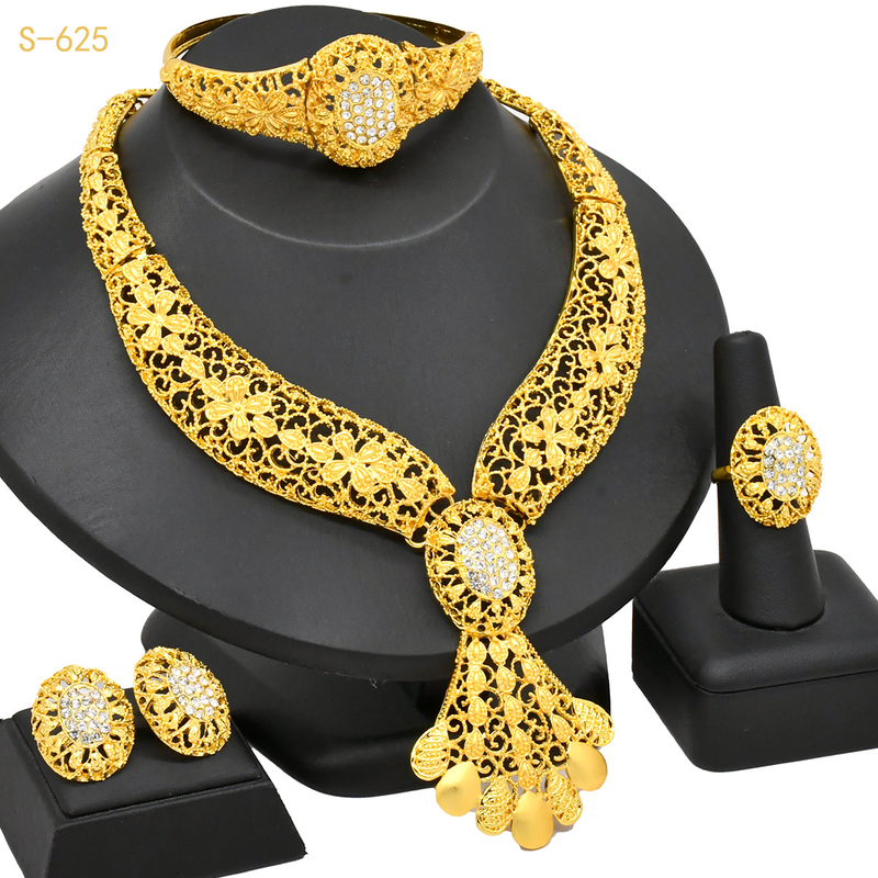 Vergulde sieradenset bloem overdreven lange ketting ring armband oorbellen 4-delige set_voghion.com